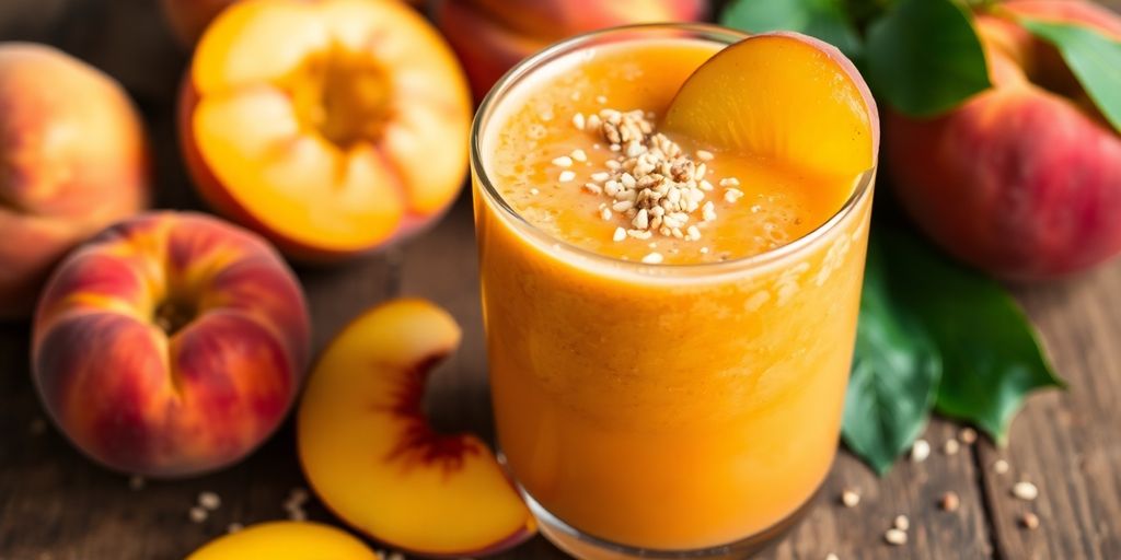 Pfirsich-Quinoa-Smoothie in einem Glas mit Garnierung.