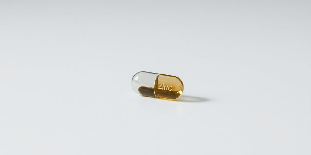 A zinc supplement capsule rests on a white background.