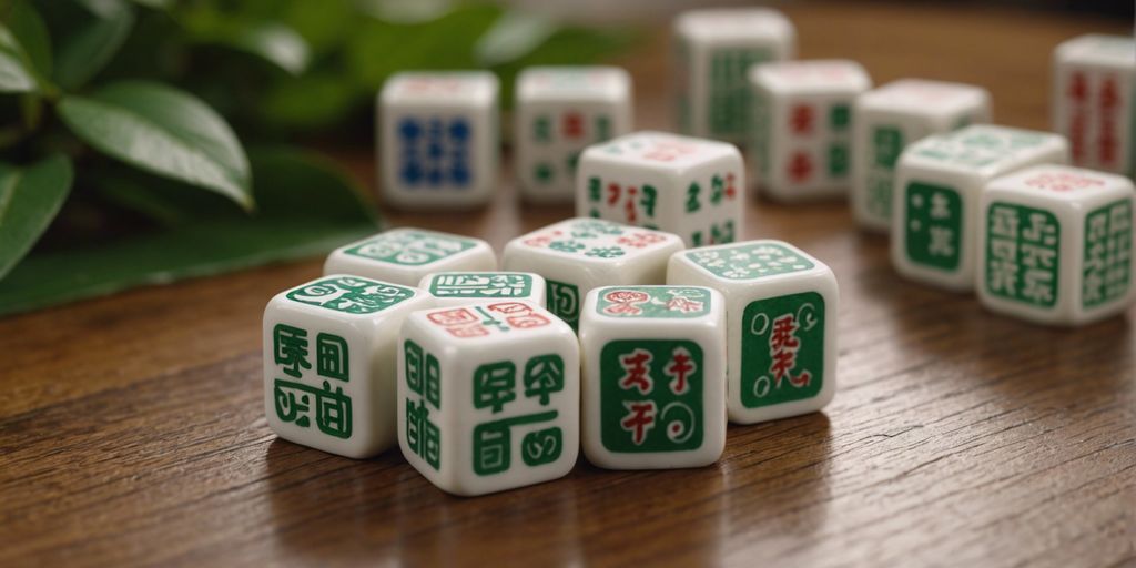 Close-up of Mahjong tiles from Characters, Bamboos, and Dots suits, arranged neatly on a wooden table.