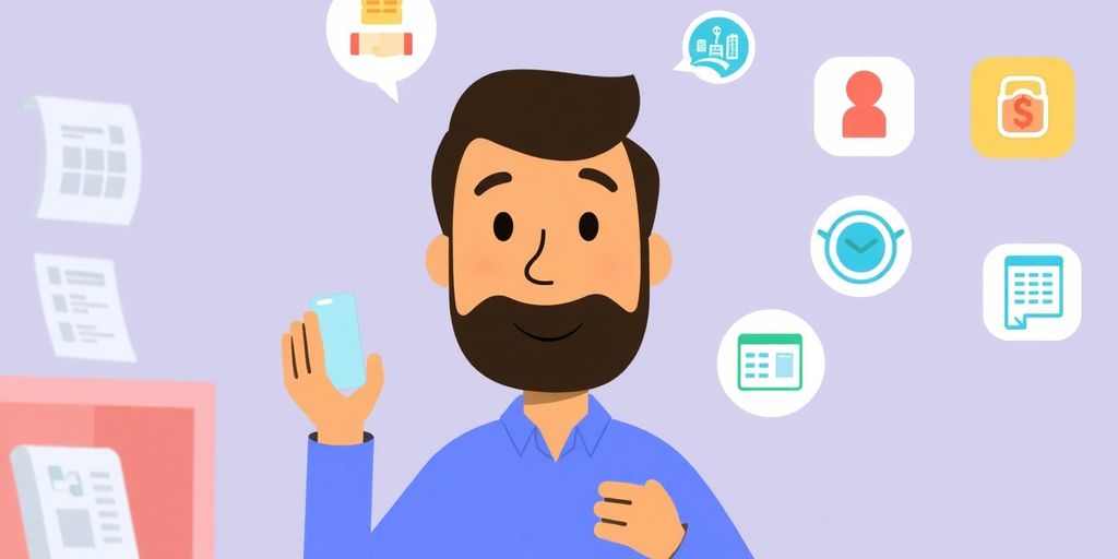 Cartoon business owner examining financial options.