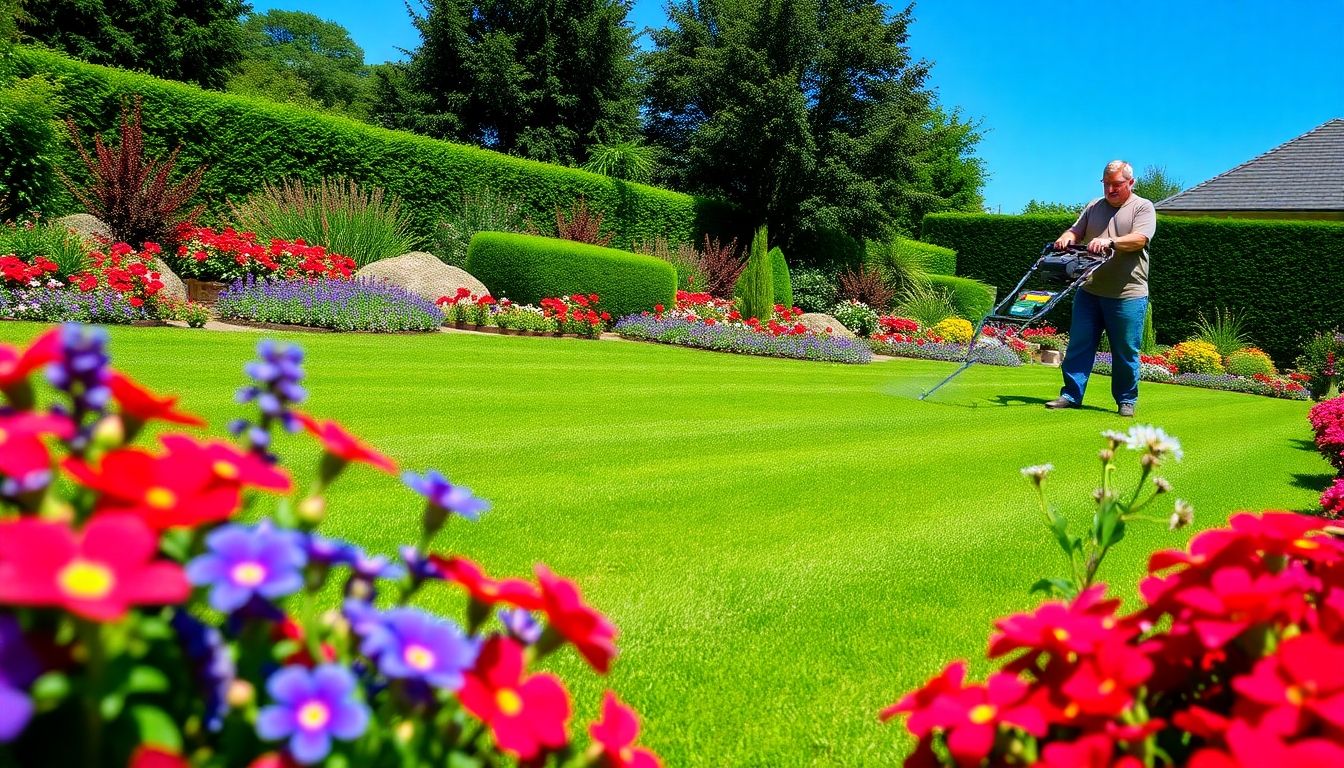 Lush green lawn with flowers and a gardener mowing.