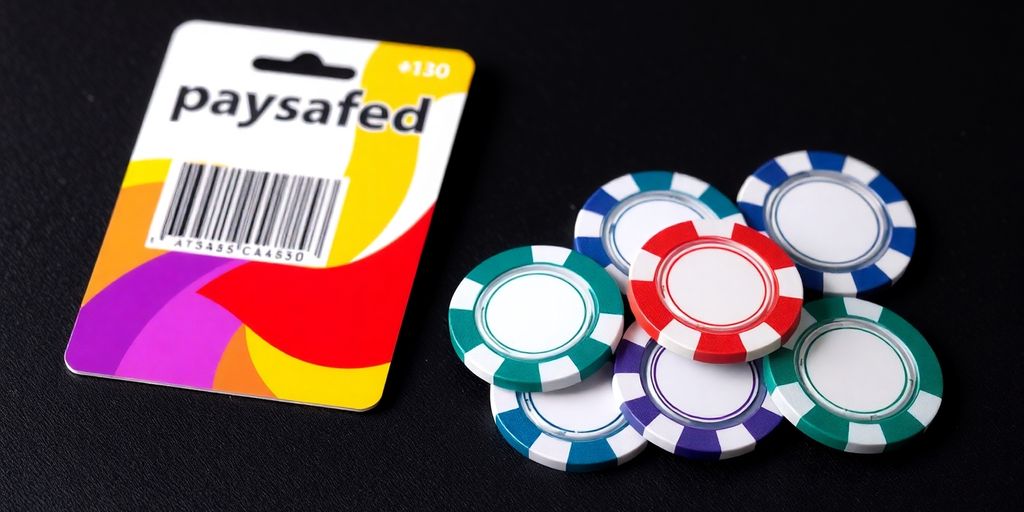 Carte Paysafecard et jetons de casino sur une table.