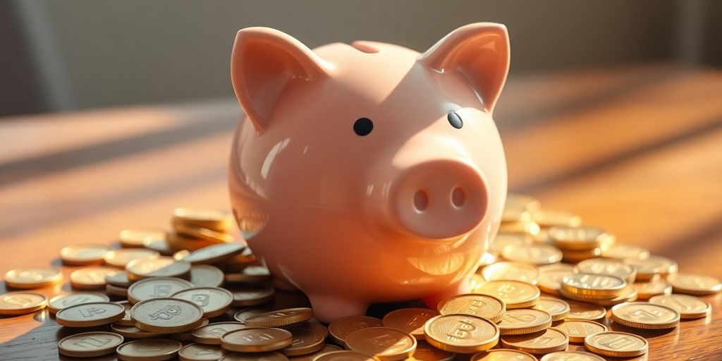 Um cofre em forma de porquinho com moedas ao redor.
