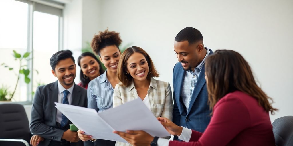Small business owners discussing insurance in a bright office.