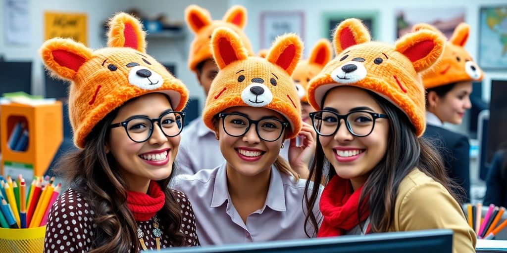 Office workers wearing dogecoin-themed meme hats joyfully.