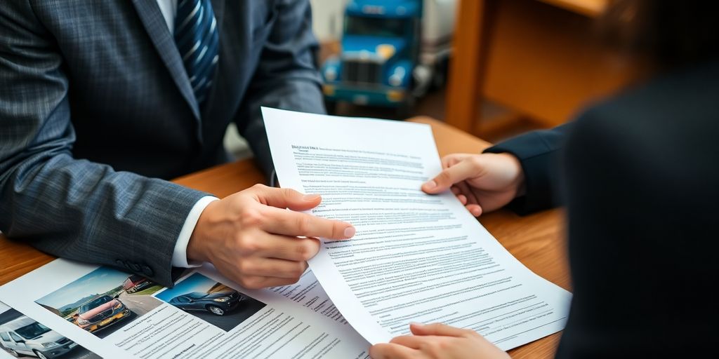 Lawyer consulting with client about trucking accident case.