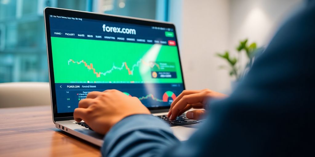 Person using laptop with Forex.com login screen visible.