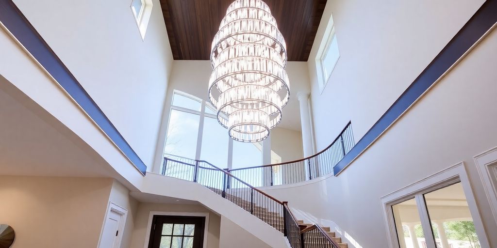 Luxurious staircase chandelier illuminating a grand entrance.