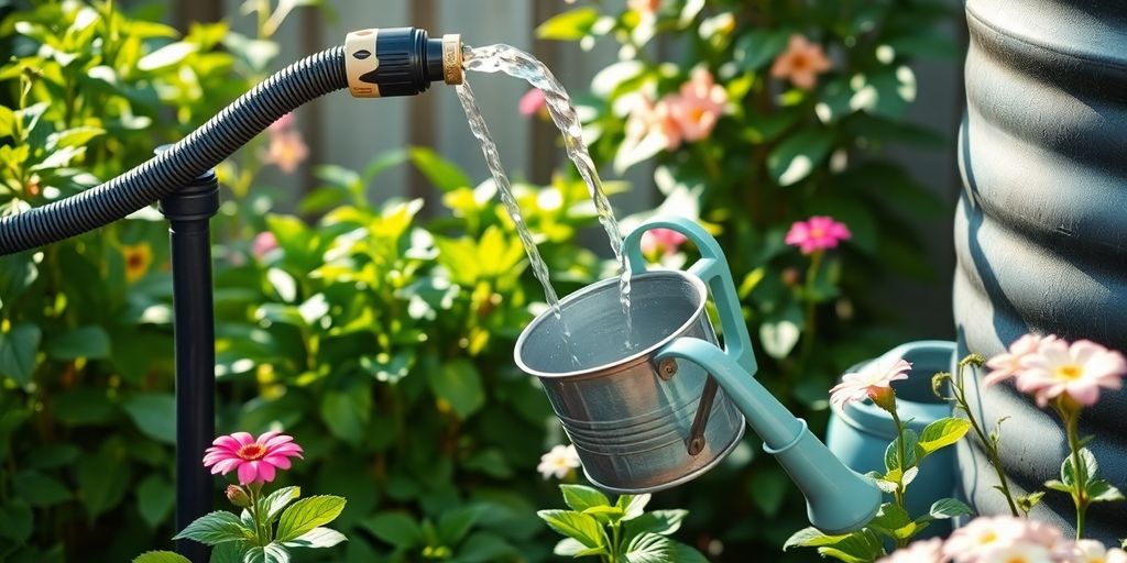 Gießkanne füllt sich mit Regenwasser aus einer Regentonne.