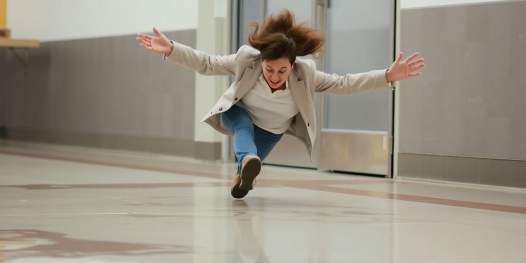 Person slipping on a wet floor.
