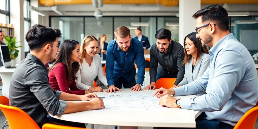 Diverse team collaborating in a modern workspace.