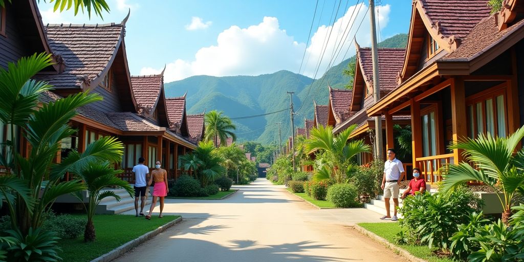 Phuket community with traditional houses and lush greenery.