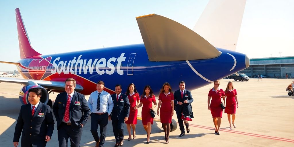 A Southwest Airlines airplane and crew on a Dallas tarmac.