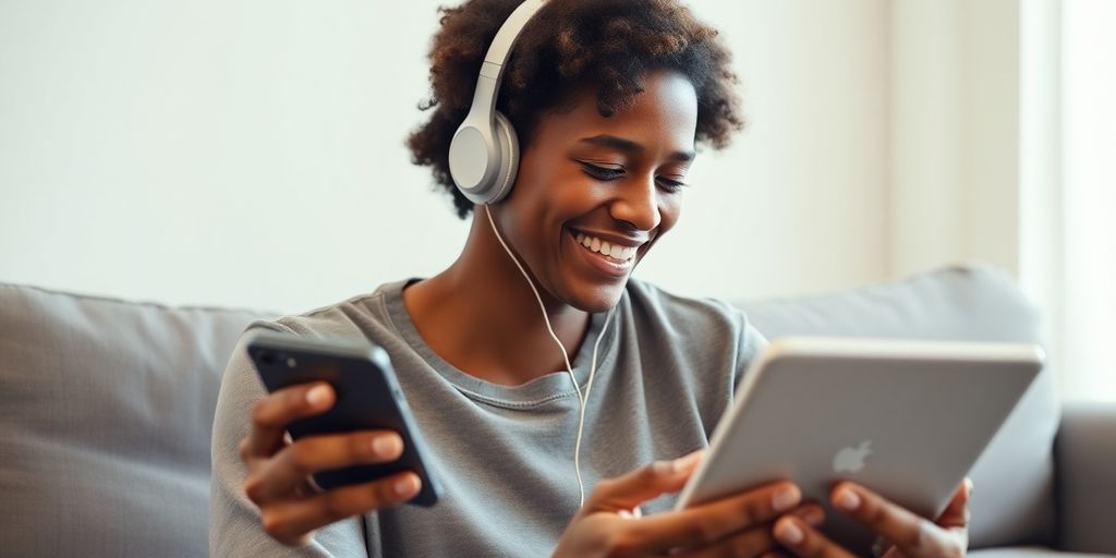 Person enjoying music on smartphone and tablet.