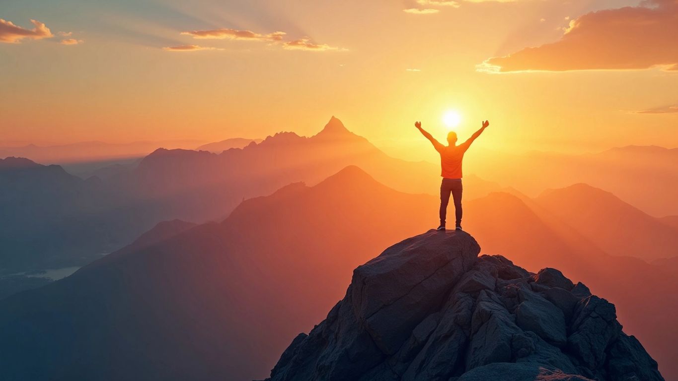 Person standing strong on mountain peak at sunrise.