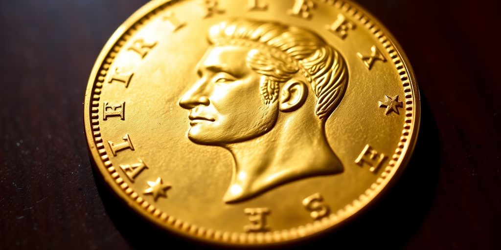 Pièce de Napoléon en or sur fond sombre.
