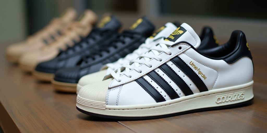 Nahaufnahme von Adidas Schuhen auf Holzoberfläche.