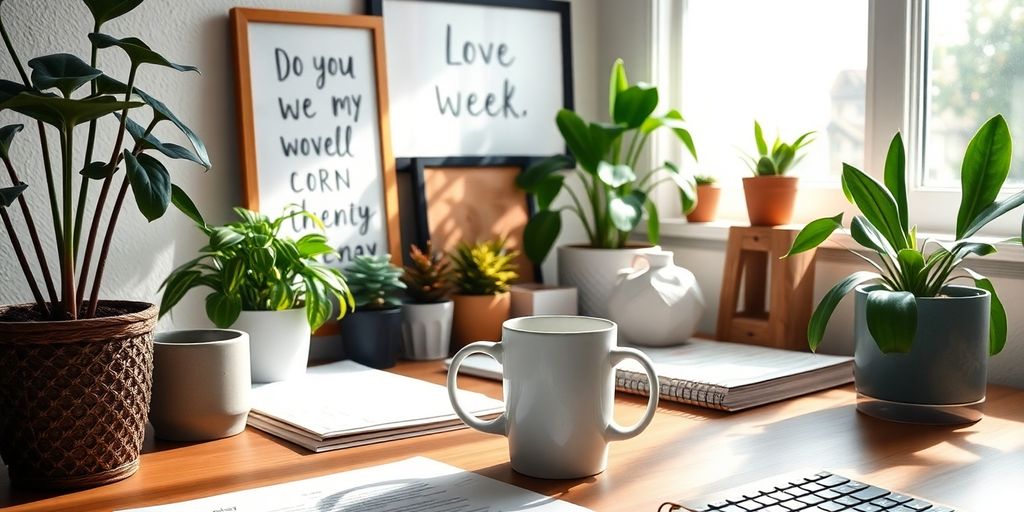Cozy workspace with plants and warm lighting.