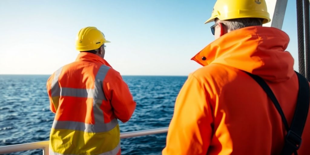 Maritime worker on a vessel looking at the ocean.