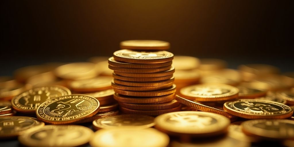 Pièces d'or empilées sur fond sombre.