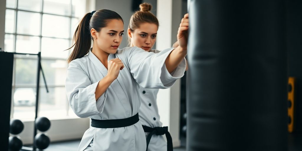 Woman practicing martial arts for self-defense training.