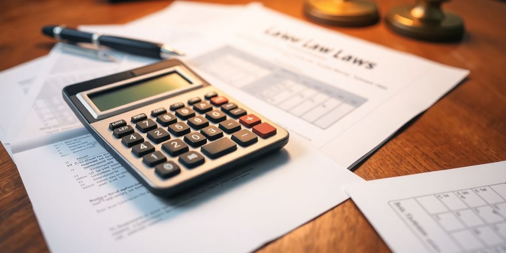 Calculadora sobre mesa com documentos legais.