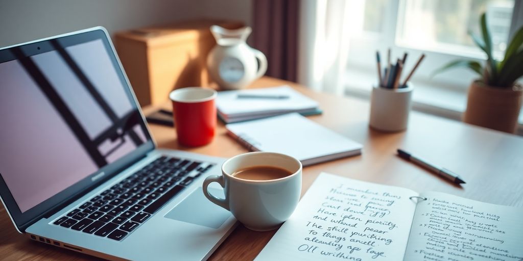 Cozy home office with laptop and coffee for blogging.