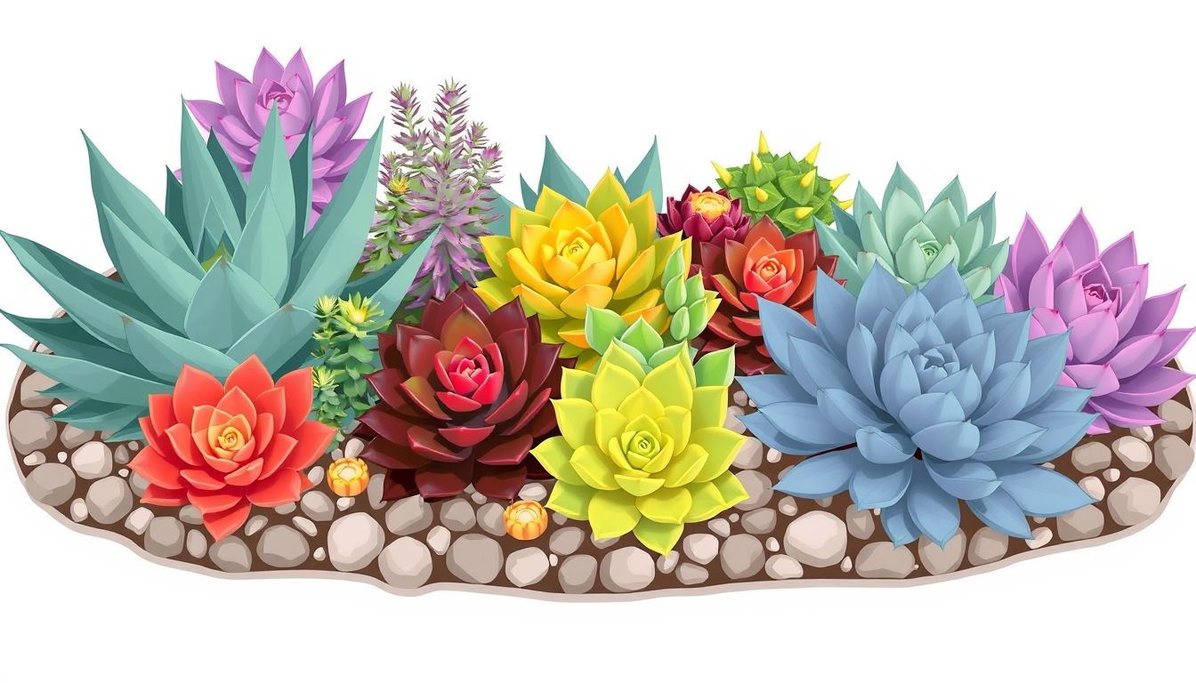 Colorful succulents in a garden bed with decorative rocks.