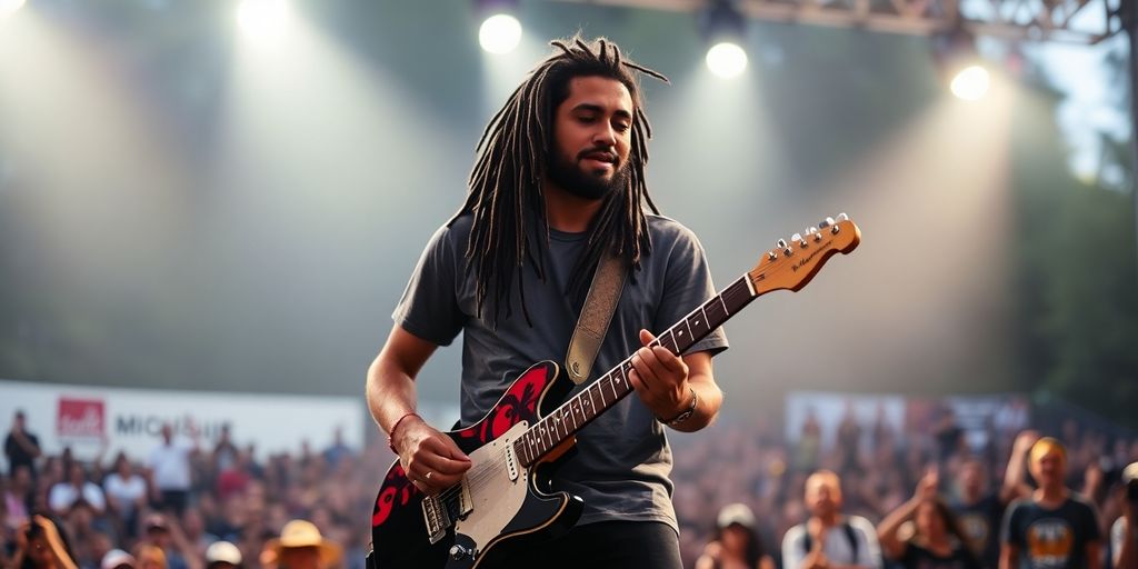 Man with dreadlocks, guitar, stage lights, outdoor concert.