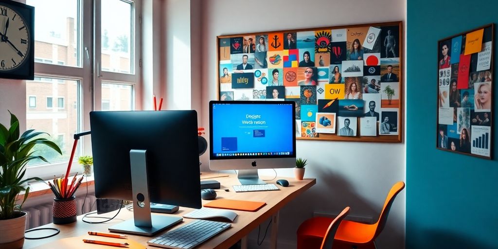 A designer's workspace with tools and creative visuals.