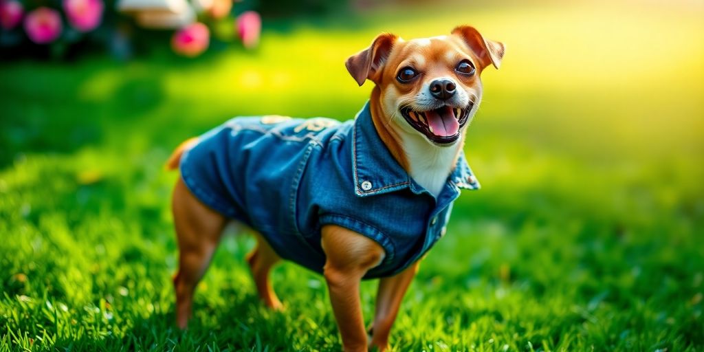 Fashionable dogs wearing custom clothing.