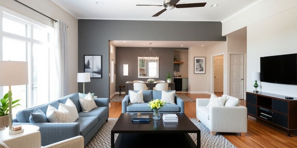 Renovated living room with modern furniture and decor.