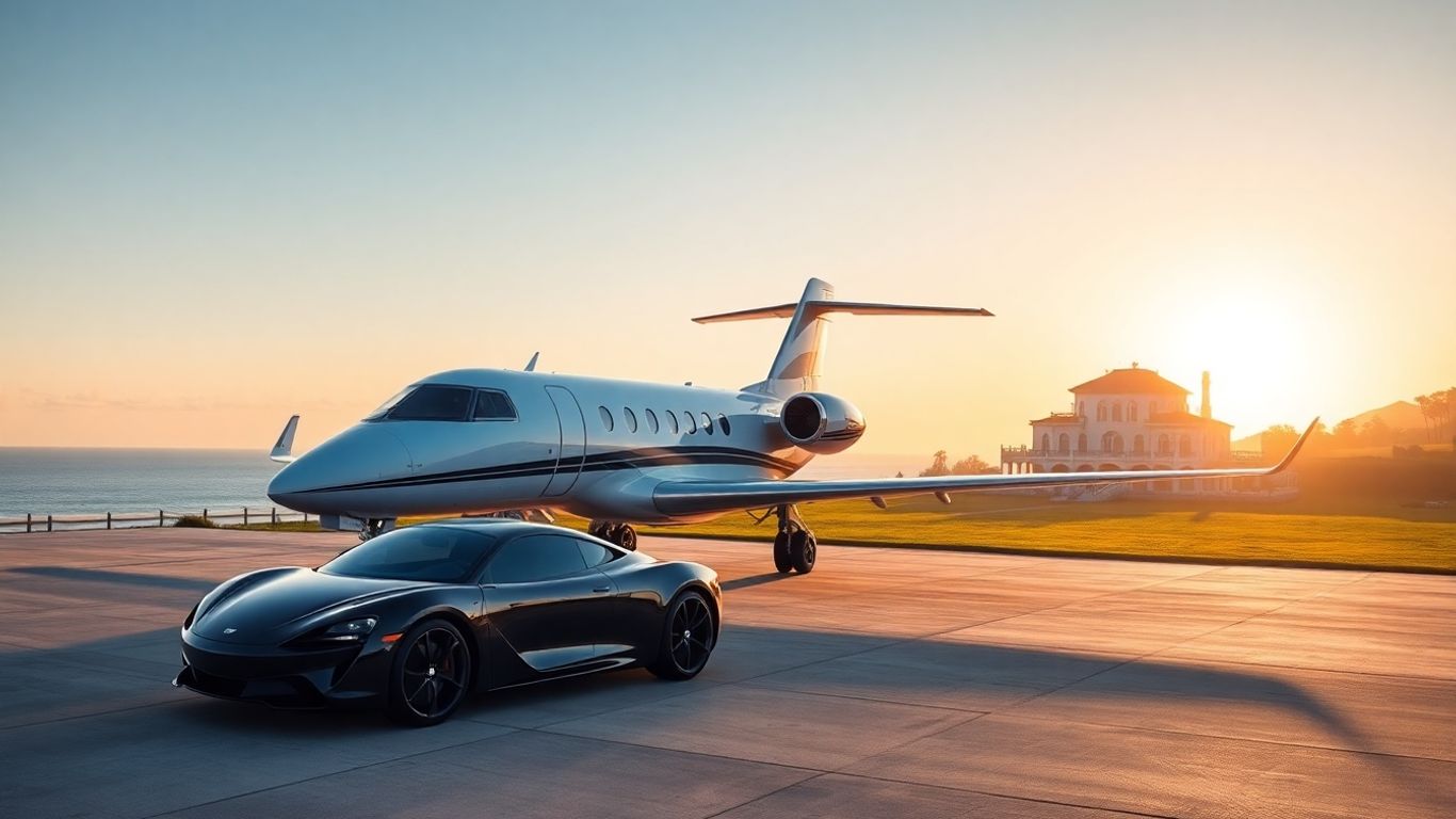 Private jet, luxury car, and villa in Cabo.