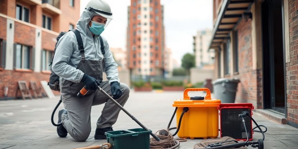 Exterminator aplicând metode de deratizare în aer liber.