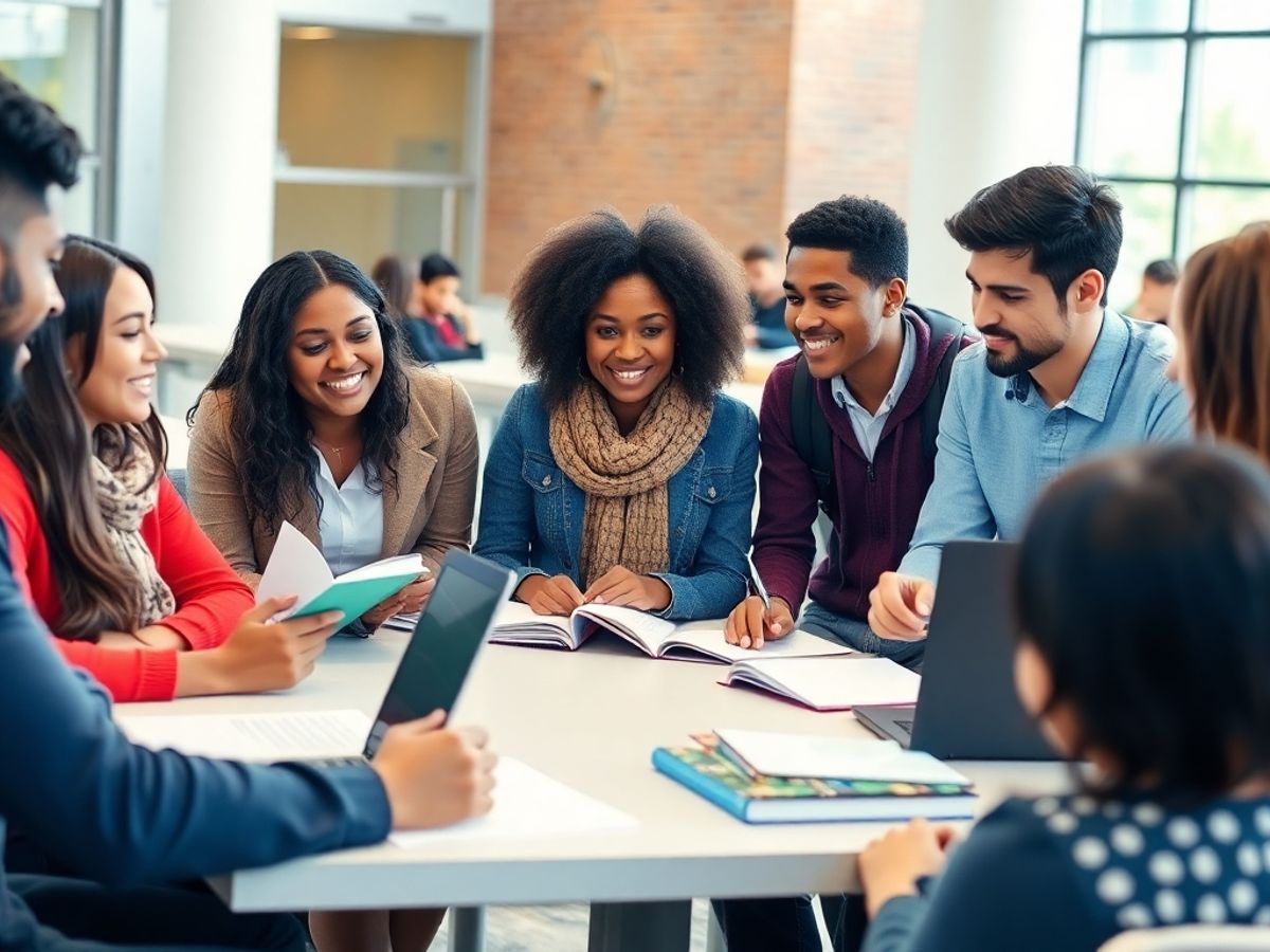 Students discussing economics in a university setting.