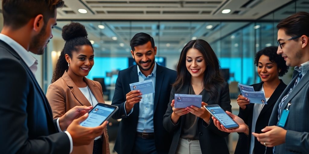 Business people connecting through digital contact information.