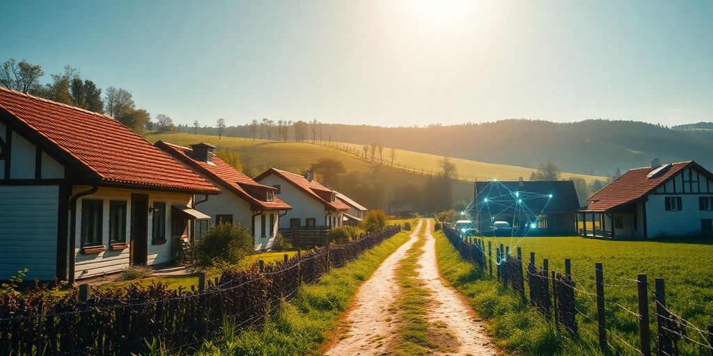 Villages ruraux brillants avec des connexions 5G modernes.