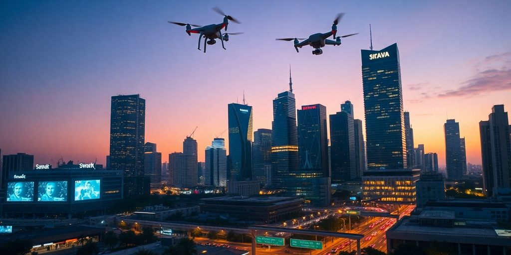 City skyline with integrated technology.