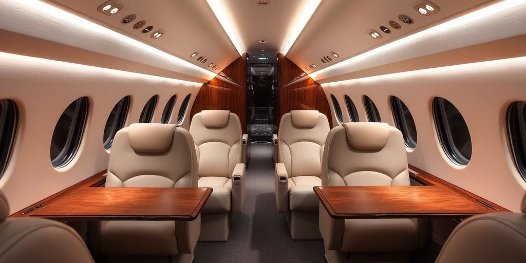 Sleek private jet interior with plush seating.