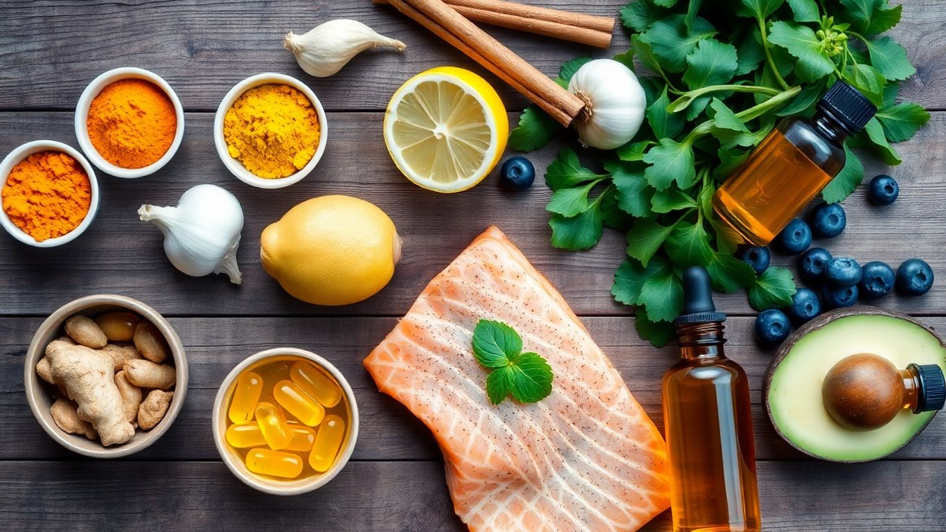 Turmeric, ginger, salmon, berries, avocado, fish oil capsules on wood.