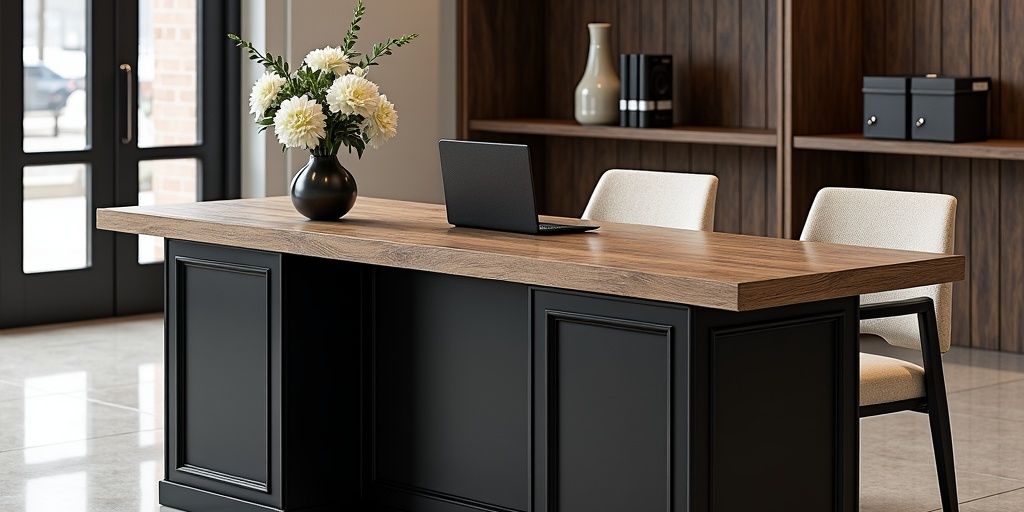 Modern office scene with a desk, chairs, and flowers.