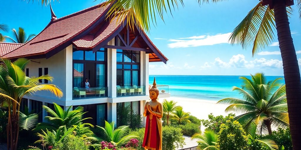 Coastal Thai house with golden Buddha statue.