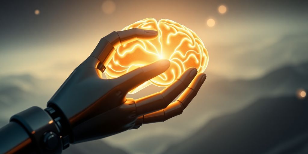 Robot hand interacting with glowing digital brain.