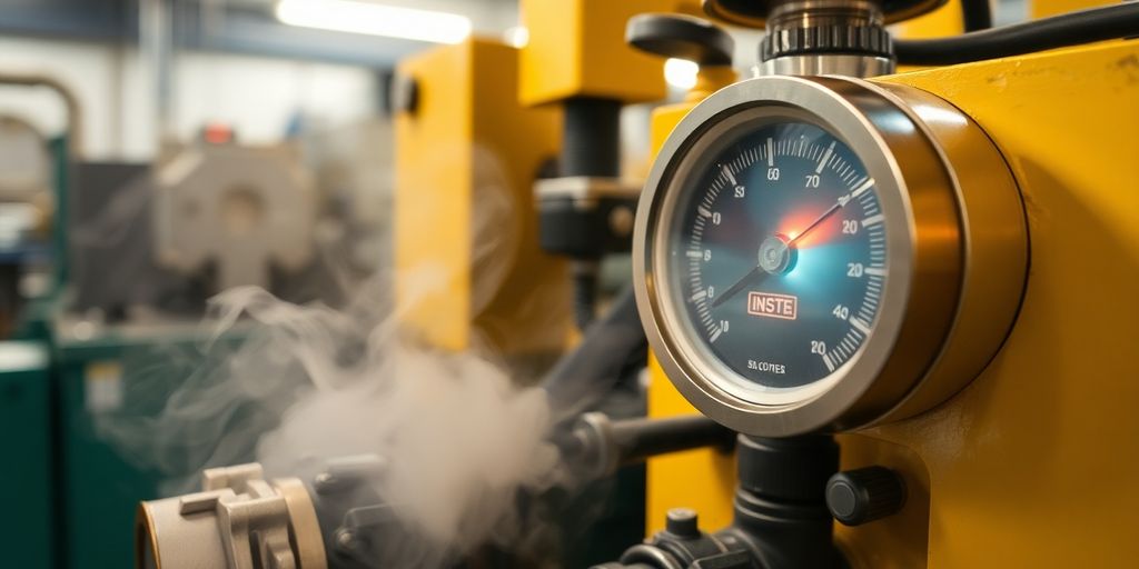Macchinari industriali con vapore termico visibile.