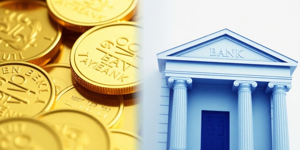 Pièces d'or et bâtiment bancaire, alternatives financières.