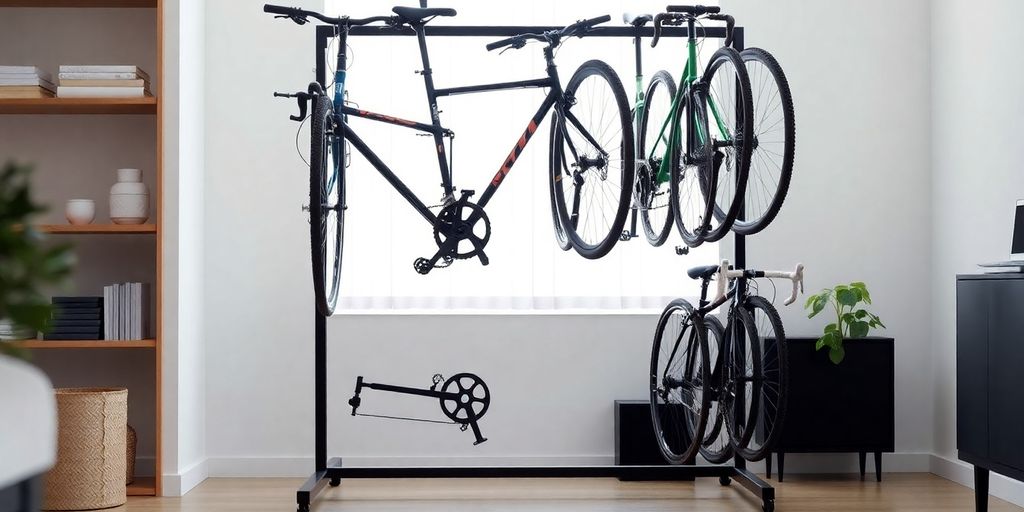 Indoor bike rack stand with multiple bikes organized neatly.