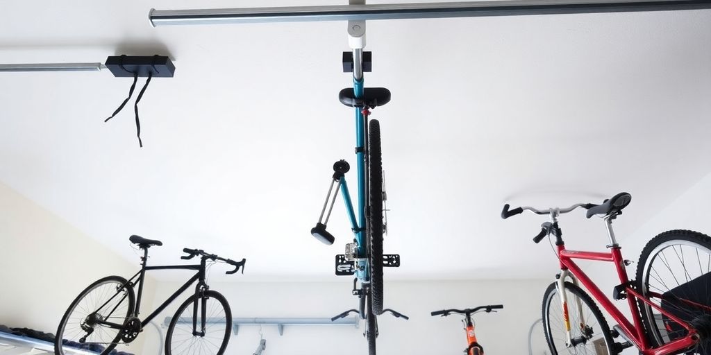 Bikes hanging from garage ceiling hooks in a tidy space.