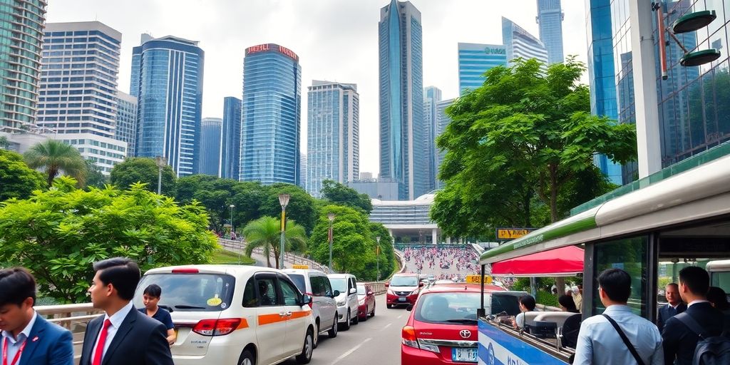 Singapore cityscape with business professionals and greenery.