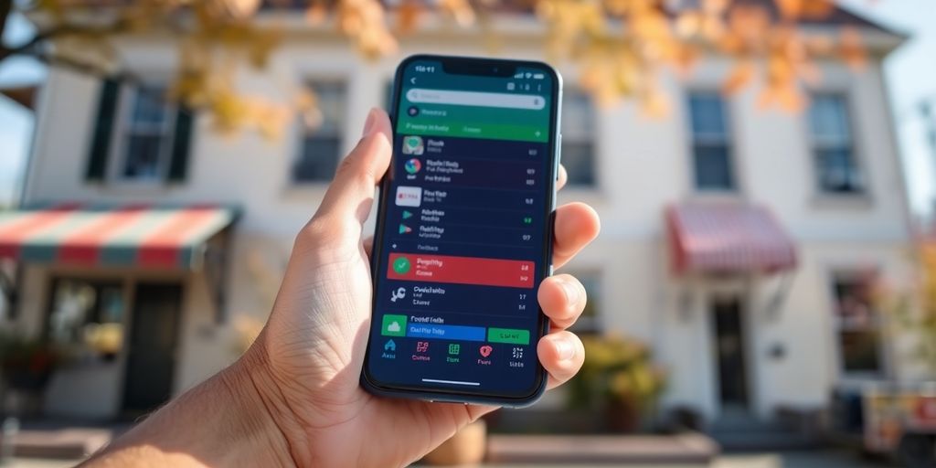 Man holding phone, betting apps on screen.
