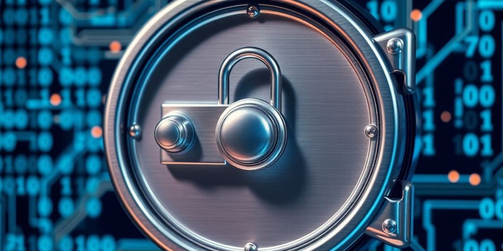 Cofre trancado em meio a elementos digitais.